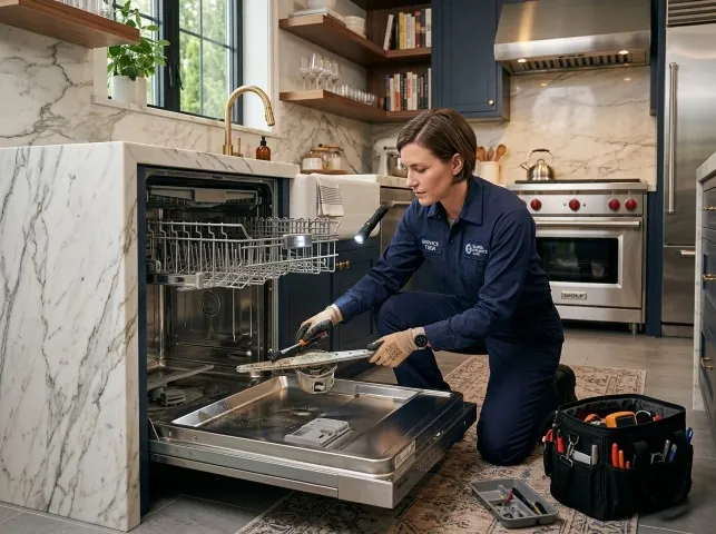 Appliance Repair Hero technician servicing a built-in dishwasher in a Blanchard, ID kitchen