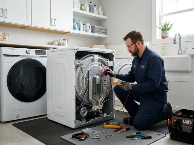 Appliance Repair Hero technician checking a dryer heating element with the rear panel off in Blanchard, ID