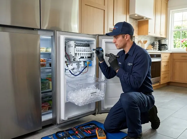 Appliance Repair Hero technician repairing a refrigerator ice maker in Blanchard, ID