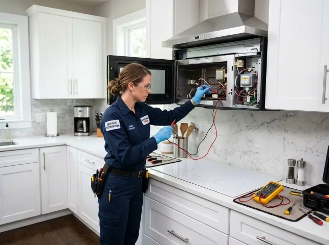 Appliance Repair Hero technician testing an over-the-range microwave in a Blanchard, ID kitchen