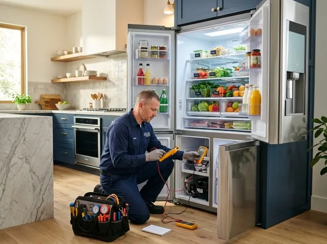 Appliance Repair Hero refrigerator technician testing a fridge on a Blanchard, ID service call