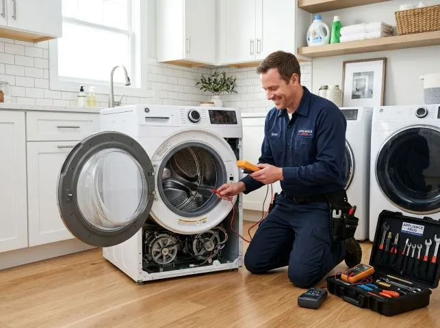 Appliance Repair Hero technician testing a front-load washer with a multimeter on a Blanchard, ID service call